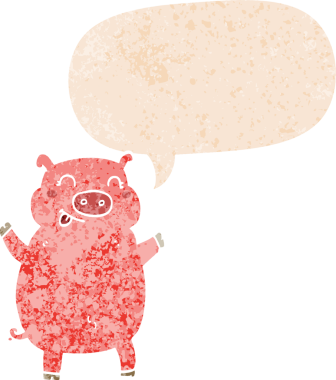 Bir insan tarafından çizilmiş grunge dertli retro tarzı konuşma baloncuklu çizgi film domuzu