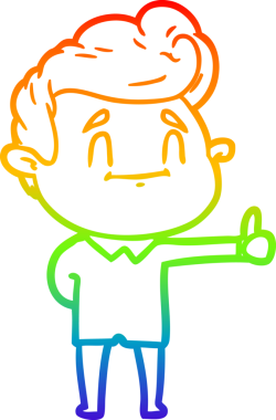 Gökkuşağı gradyan çizimi mutlu bir çizgi film adamının bir insan tarafından çizilmiş başparmakları.