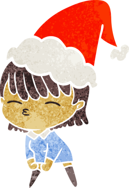 Bir insan tarafından çizilmiş Noel Baba şapkası giyen bir kadının el çizimi karikatürü.