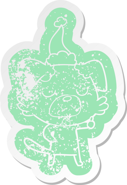 Bir insan tarafından çizilmiş Noel Baba şapkası takan bir köpeğin garip bir karikatürü.