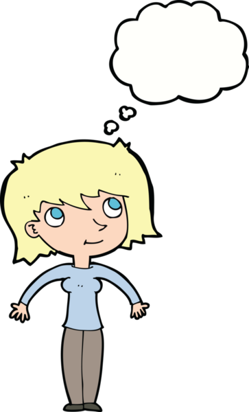 Bir insan tarafından çizilmiş düşünce baloncuğuyla omuz silken çizgi film kadını.