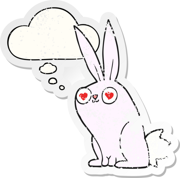 Düşünce balonuna aşık çizgi film tavşanı insan tarafından çizilmiş yıpranmış bir çıkartma gibi.