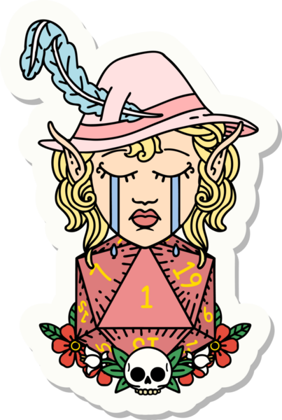 Ağlayan bir elf şair karakterinin çıkartması. Bir insan tarafından çizilmiş doğal bir D20 rulosu.