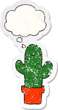 Düşünce baloncuğu olan çizgi film kaktüsü insan tarafından çizilmiş yıpranmış bir çıkartma.