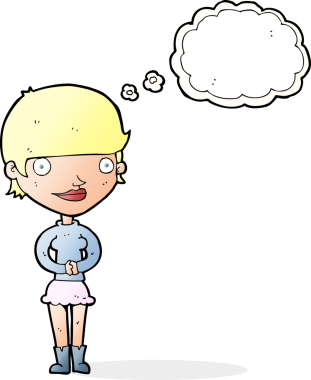 Bir insan tarafından çizilmiş düşünce baloncuğu olan çizgi film dostu kadın.