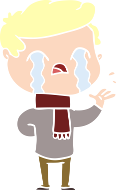 Düz renkli çizgi film karakteri bir insan tarafından çizilmiş kış eşarbı takarak ağlıyor.