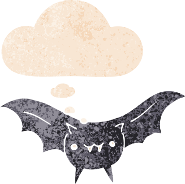 Düşünce baloncuklu karikatür yarasası grunge sıkıntılı retro desen bir insan tarafından çizilmiş