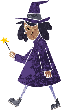 Retro illüstrasyon tarzı bir insan tarafından çizilmiş tuhaf çizgi film cadısı.