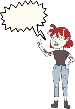 Bir insan tarafından çizilmiş serbest konuşma balonu çizgi filmi uzaylı rock hayranı kız.