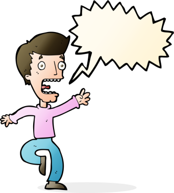 Bir insan tarafından çizilmiş, konuşma balonuyla dehşete düşmüş bir adam.