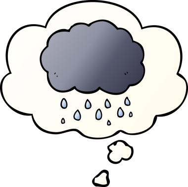 Karikatür bulutu yağmur gibi yağıyor. Düşünce baloncuğu bir insan tarafından çizilmiş gibi.
