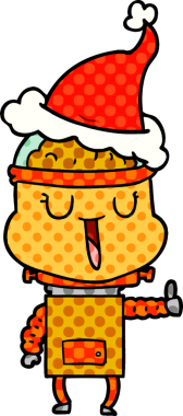 Bir insan tarafından çizilmiş Noel Baba şapkası takan bir robotun çizilmiş mutlu el çizimi çizgi roman tarzı.