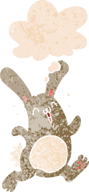 Düşünce baloncuklu çizgi film tavşanı grunge dertli eski moda bir insan tarafından çizilmiş.