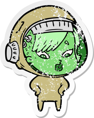 Bir insan tarafından çizilmiş karikatür astronot kadının sıkıntılı çıkartması.