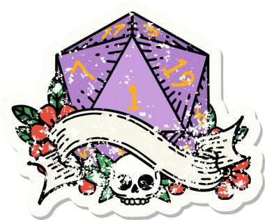 Bir insan tarafından çizilmiş doğal bir d20 zarının grunge çıkartması.