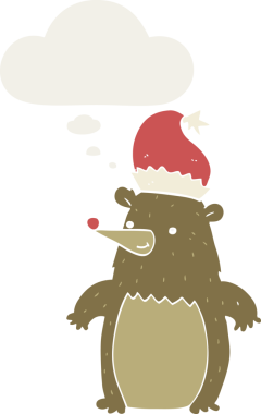 Bir insan tarafından çizilmiş, düşünce baloncuklu Noel şapkası takan çizgi film ayısı.