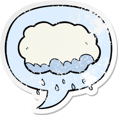 Konuşma baloncuğu olan karikatür yağmur bulutu bir insan tarafından çizilmiş sıkıntılı eski bir çıkartma