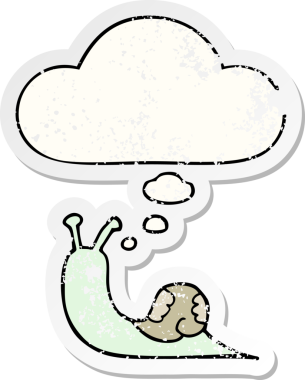 Düşünce baloncuklu çizgi film salyangozu insan tarafından çizilmiş yıpranmış bir çıkartma.