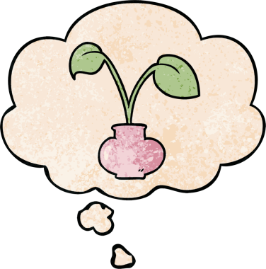 Bir insan tarafından çizilmiş grunge desenli düşünce baloncuklu çizgi film evi bitkisi.