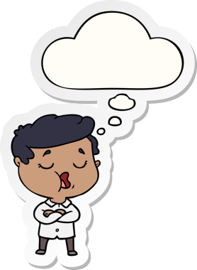 Düşünce baloncuğuyla konuşan çizgi film adamı bir insan tarafından çizilmiş bir çıkartma gibidir.