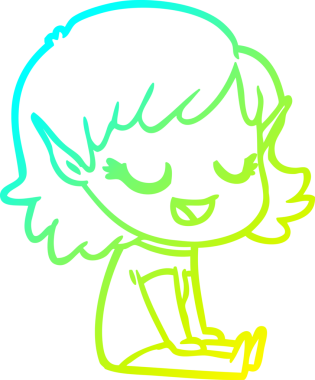 Bir insan tarafından çizilmiş yerde oturan mutlu bir elf kızı çizimi.