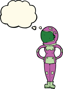 Bir insan tarafından çizilmiş düşünce baloncuğu olan kadın astronot.