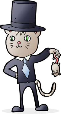 Bir insan tarafından çizilmiş ölü bir fareyi sallayan zengin bir kedi çizgi filmi.