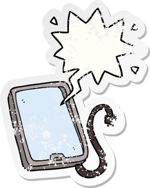 Konuşma baloncuklu çizgi film bilgisayar tableti bir insan tarafından çizilmiş sıkıntılı eski bir çıkartma