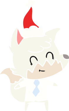 Bir insan tarafından çizilmiş Noel Baba şapkası giyen dost bir tilkinin düz renkli çizimi.