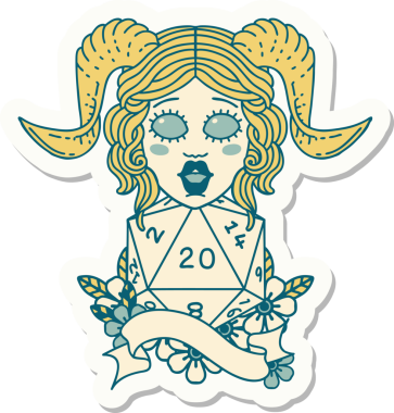 Bir insan tarafından çizilmiş doğal yirmi zarla yapıştırılmış bir etiket.