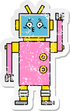 Bir insan tarafından çizilmiş sevimli bir robot çizgi film çıkartması.