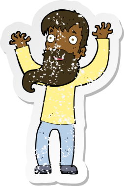 Bir insan tarafından çizilmiş sakallı, heyecanlı bir karikatür çıkartması.