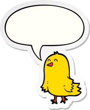 Bir insan tarafından çizilmiş baloncuk çıkartmalı çizgi film kuşu.