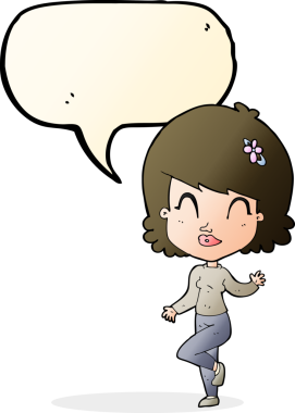 Bir insan tarafından çizilmiş konuşma baloncuğuyla dans eden güzel bir kadın.