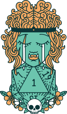 Retro Dövme Tarzı Hüzünlü Ork Barbar Karakter Yüzü Doğal bir D20 ruloyla Bir insan tarafından çizilmiş