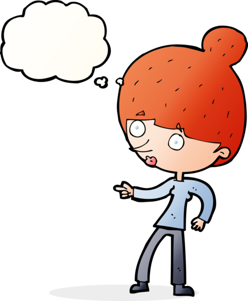 Bir insan tarafından çizilmiş düşünce balonuyla işaret eden çizgi film kadını.