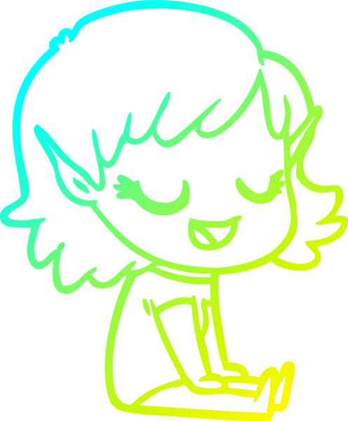 Bir insan tarafından çizilmiş yerde oturan mutlu bir elf kızı çizimi.