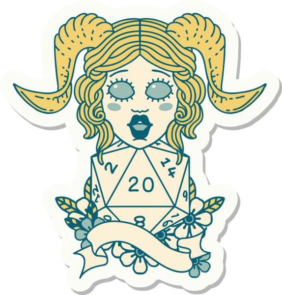 Bir insan tarafından çizilmiş doğal yirmi zarla yapıştırılmış bir etiket.