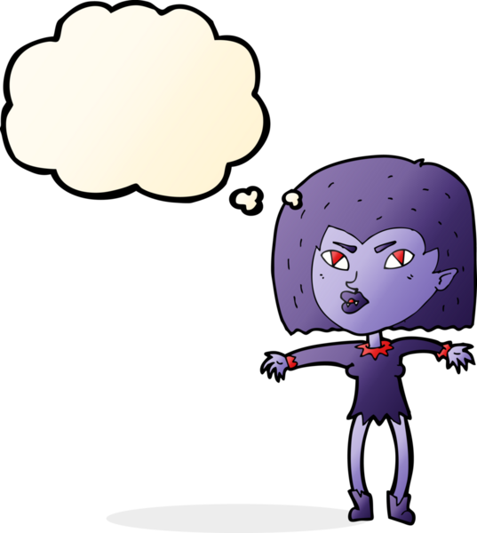 Bir insan tarafından çizilmiş düşünce balonlu vampir kız.