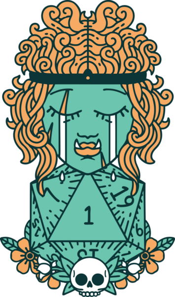 Retro Dövme Tarzı Hüzünlü Ork Barbar Karakter Yüzü Doğal bir D20 ruloyla Bir insan tarafından çizilmiş