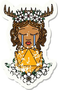 Retro Dövme Tarzı Ağlayan İnsan Druid Bir insan tarafından çizilmiş doğal bir D20 ruloyla