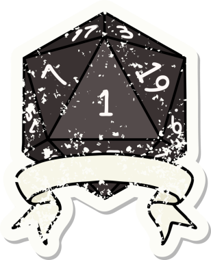 Bir insan tarafından çizilmiş doğal bir d20 zarının grunge çıkartması.