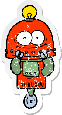 Bir insan tarafından çizilmiş ampullü mutlu bir robot çıkartması.