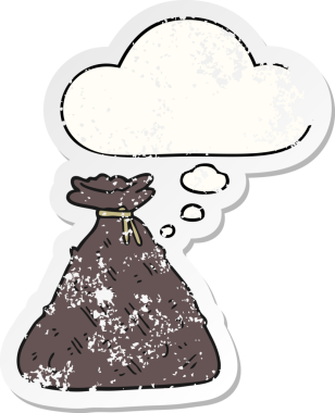 Düşünce baloncuğu olan eski bir karikatür, insan tarafından çizilmiş yıpranmış bir çıkartma.