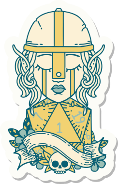 Ağlayan bir elf savaşçı karakterinin çıkartması. Doğal bir insan tarafından çizilmiş bir D20 rulo.