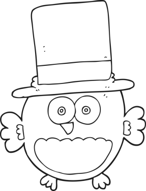 Bir insan tarafından çizilmiş silindir şapkalı siyah beyaz baykuş.