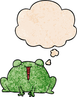 Bir insan tarafından çizilmiş grunge desenli düşünce baloncuğu olan sevimli çizgi film kurbağası.