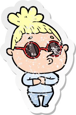 Bir insan tarafından çizilmiş güneş gözlüğü takan karikatürlü bir kadının sıkıntılı çıkartması.