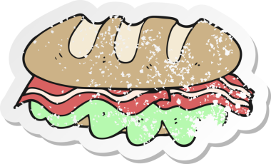 Bir karikatürün gerilimli çıkartması. Bir insan tarafından çizilmiş kocaman bir sandviç.