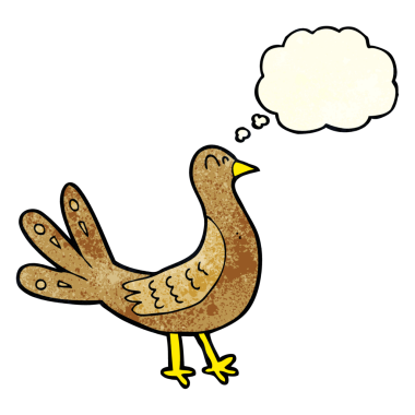 Bir insan tarafından çizilmiş düşünce baloncuklu çizgi film kuşu.